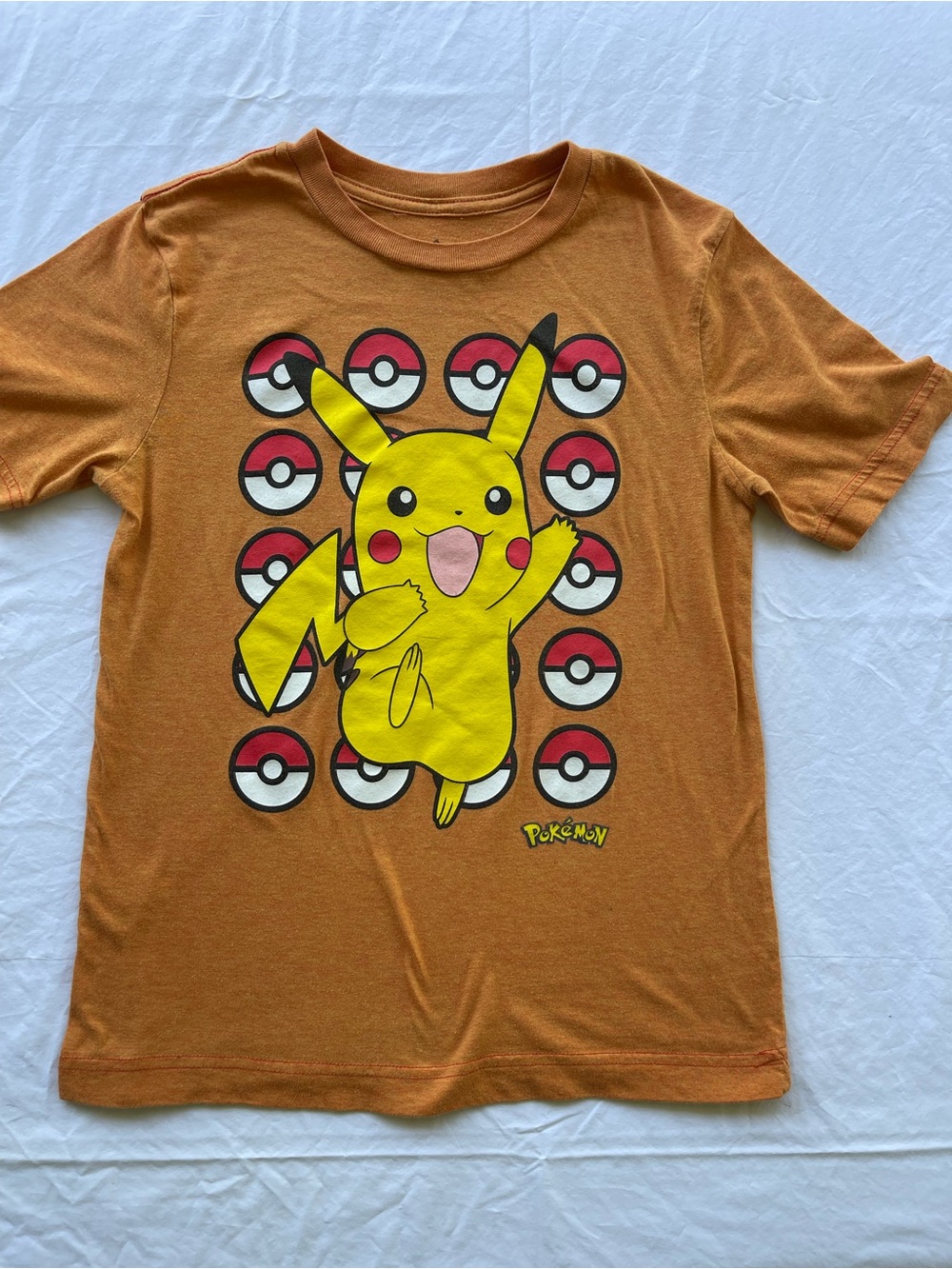 Pokemon Orange Tee with Yellow Pikachu & Red Poké Ball Graphic